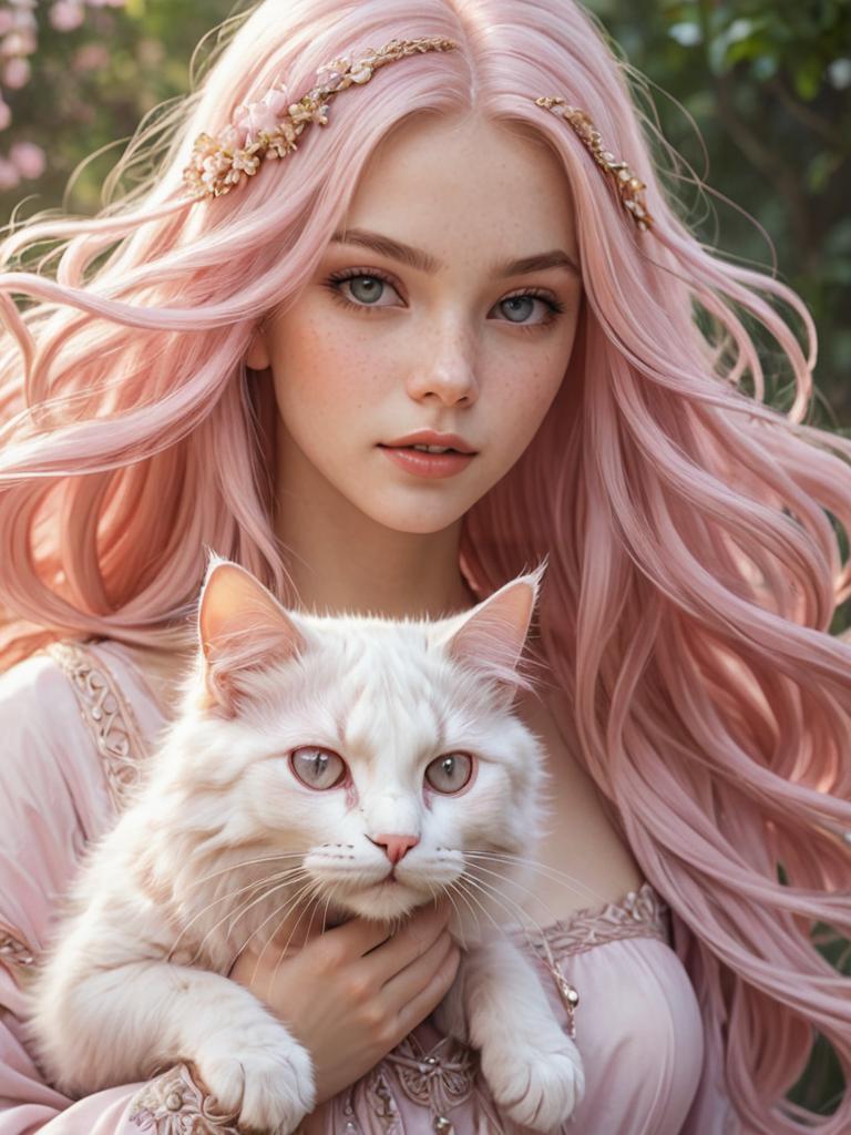 Young Woman with Long Pink Hair and White Cat