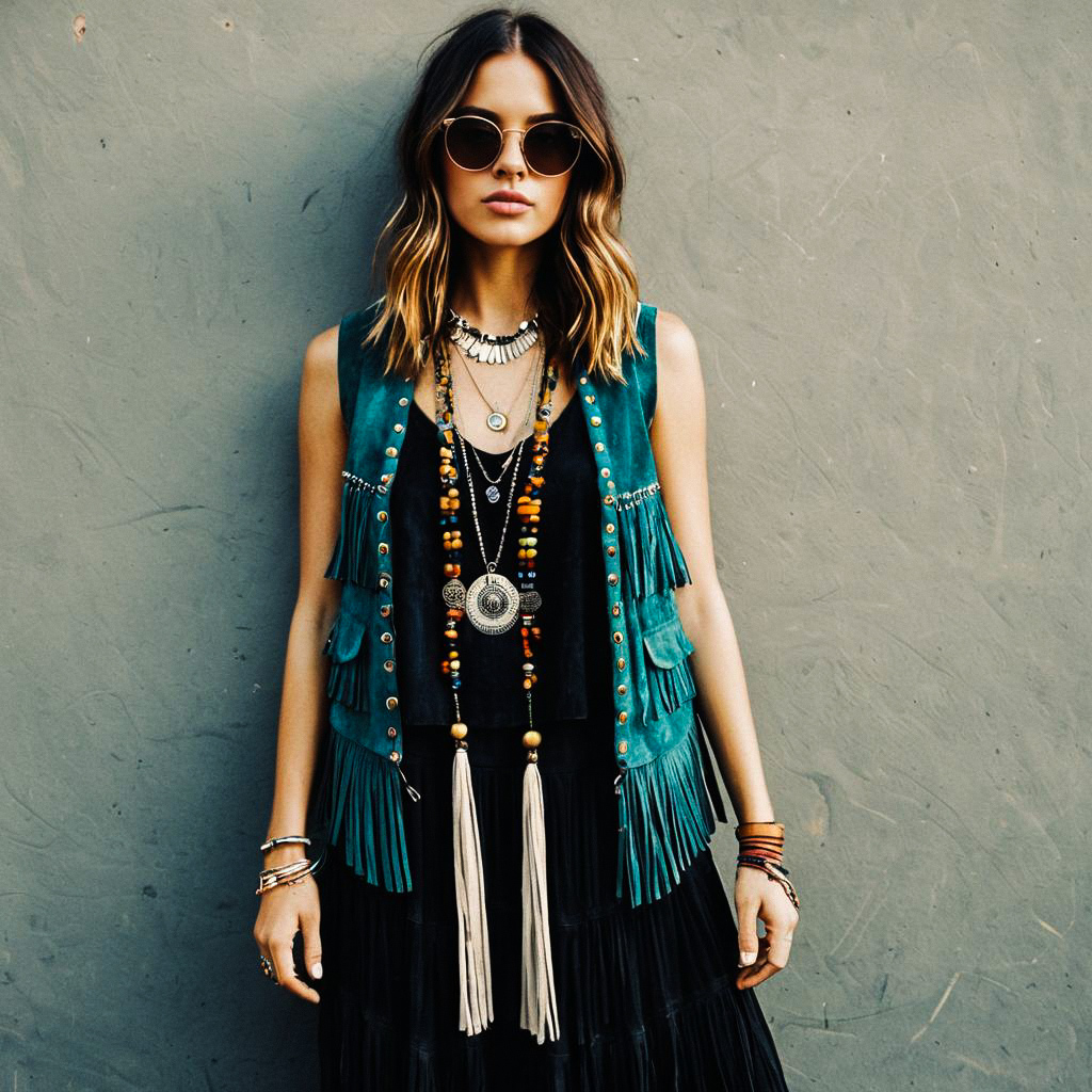 Boho-Chic Woman in Teal Fringe Vest