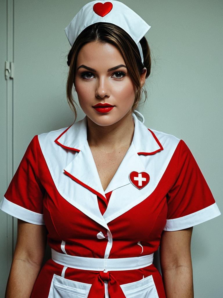 Woman in Red and White Nurse Heartbreaker Costume with Retro Style