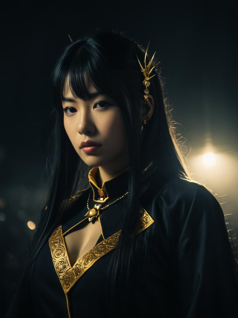 Realistic Cosplay of Yugito Nii with Detailed Gold Embroidery and Dark Background