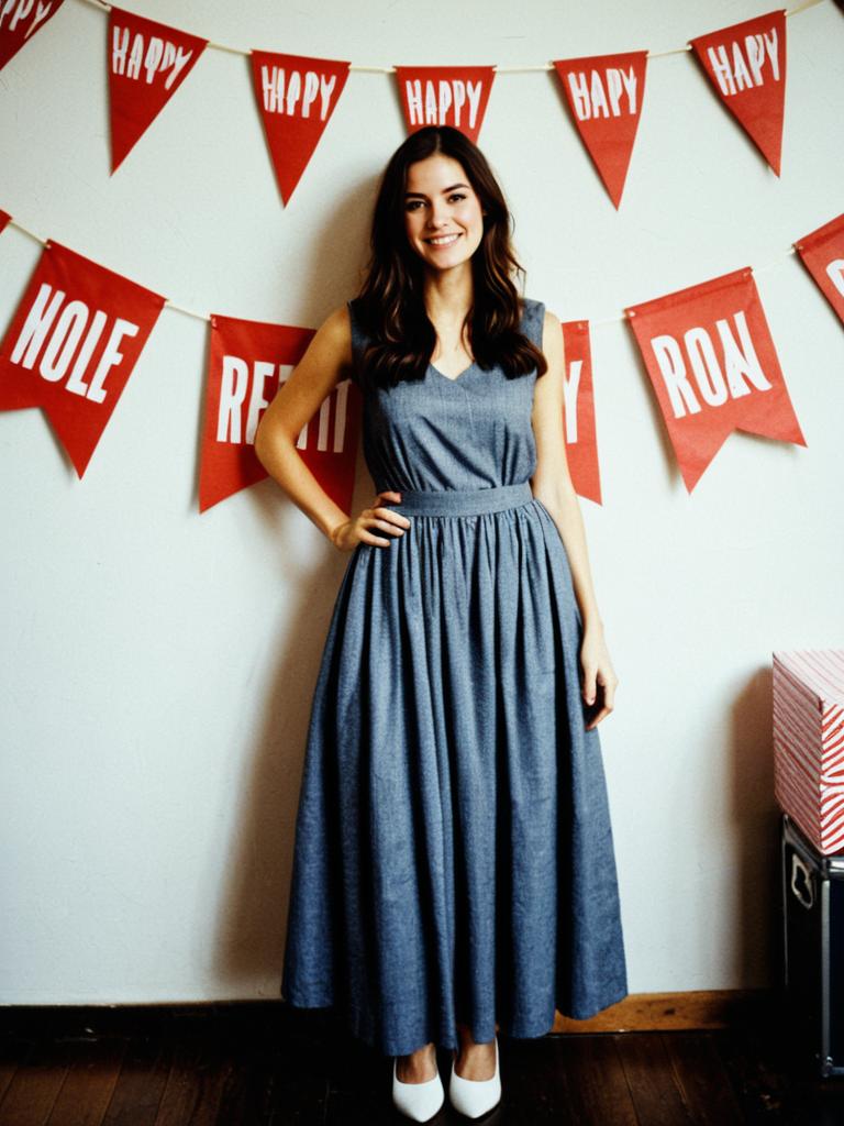 Woman Celebrating Birthday in Stylish Gray Dress with Festive Decorations