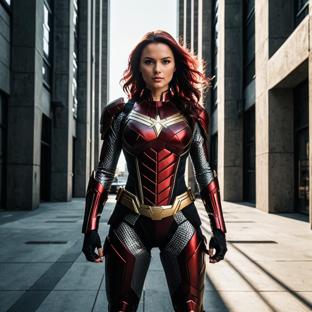 Woman in Futuristic Red and Gold Armored Suit in Urban Setting