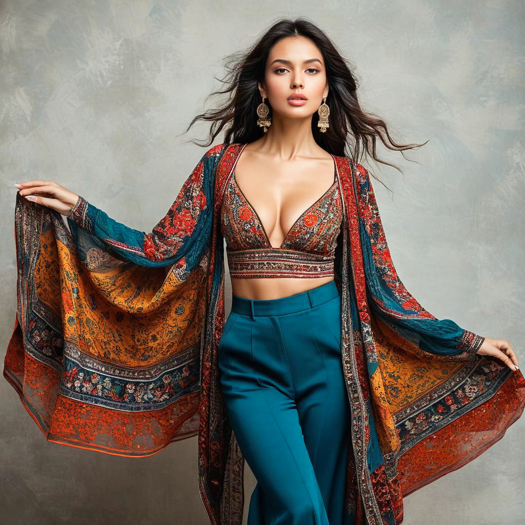 Confident Woman in Bohemian Shawl and Teal Trousers