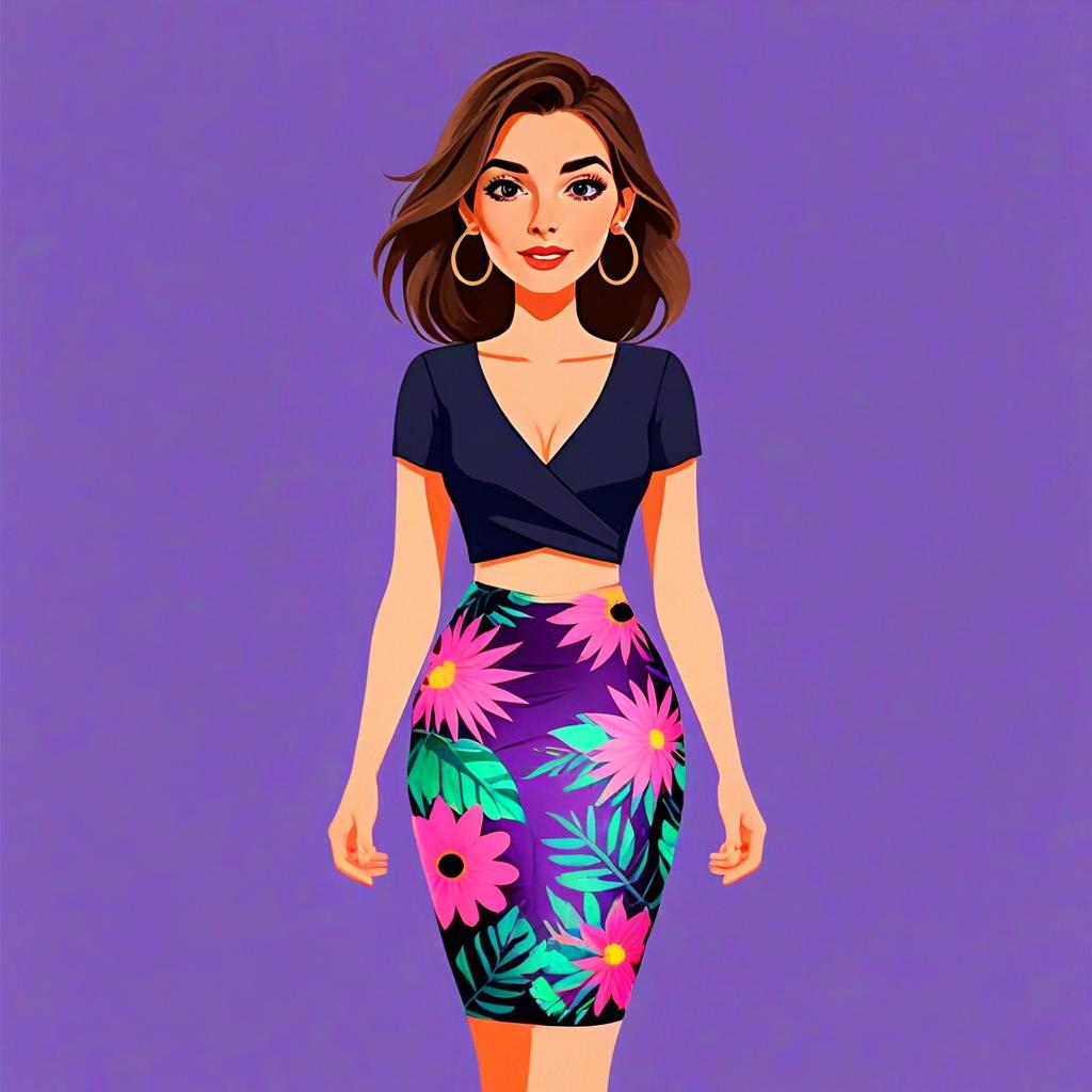 Stylish Woman with Pretty Face and Chic Black Crisscross Crop Top in Floral Skirt