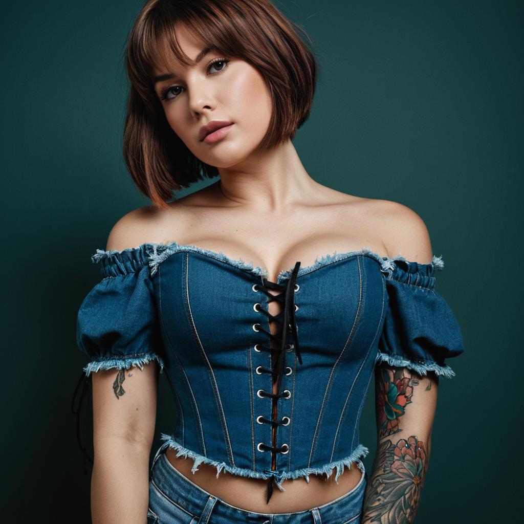 Young Woman in Denim Corset with Tattoo Sleeve Portrait