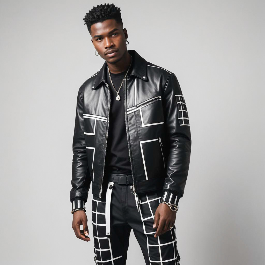 Stylish Man in Black Leather Outfit with Geometric Patterns