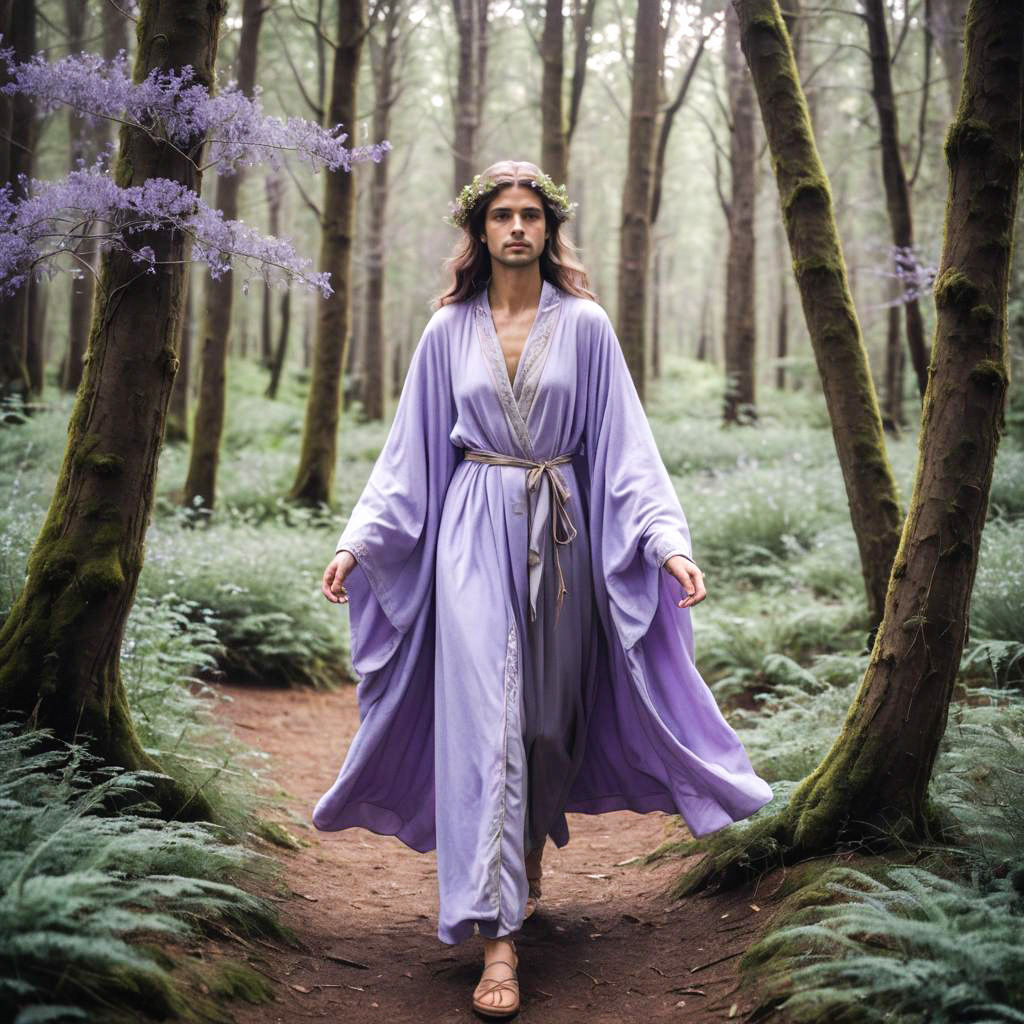 Man in Lavender Robe Walking in Enchanting Forest