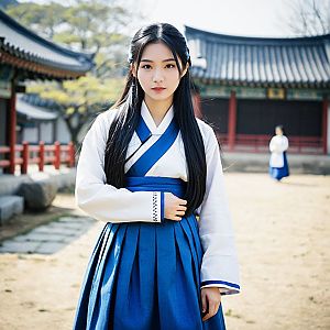 Young Woman in Traditional Korean Hanbok in Historical Courtyard