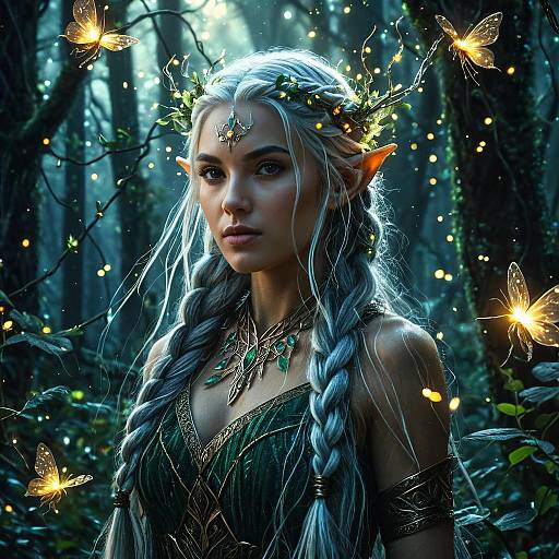 Enchanted Elf Woman in Mystical Forest with Glowing Butterflies