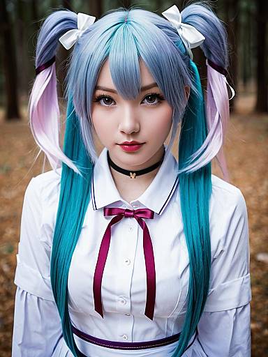 Cosplay Portrait of Woman as Hatsune Miku with Turquoise Hair in Forest