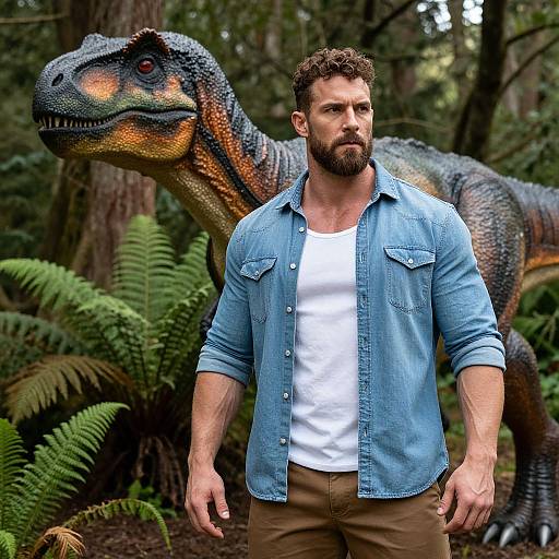 Man Standing Confidently in Forest with Realistic Dinosaur Model