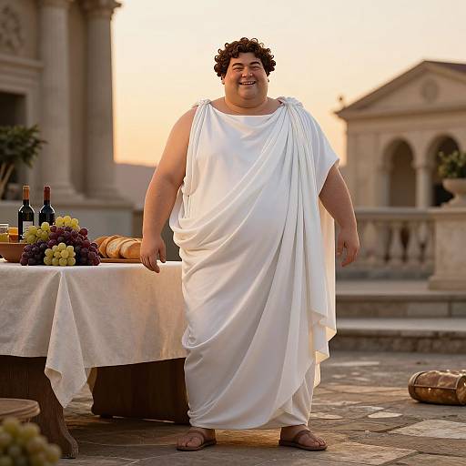 Cheerful Man in Roman Toga at Ancient Banquet Scene Outdoors