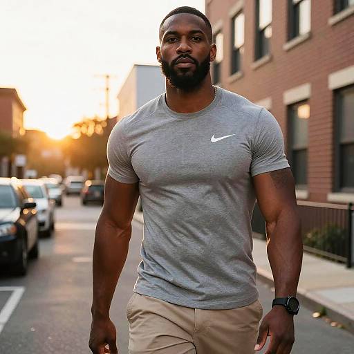 Athletic Man in Grey Nike T-shirt Walking on Urban Street at Sunset