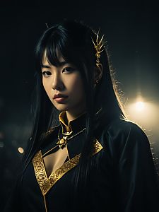 Realistic Cosplay of Yugito Nii with Detailed Gold Embroidery and Dark Background