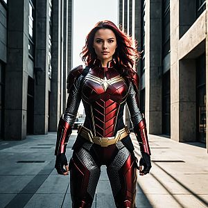 Woman in Futuristic Red and Gold Armored Suit in Urban Setting