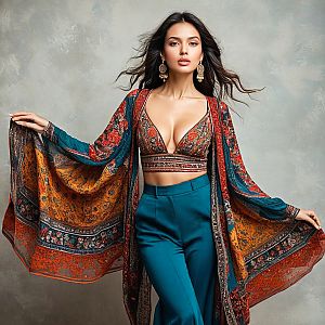 Confident Woman in Bohemian Shawl and Teal Trousers