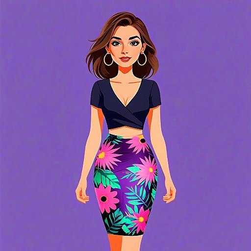 Stylish Woman with Pretty Face and Chic Black Crisscross Crop Top in Floral Skirt
