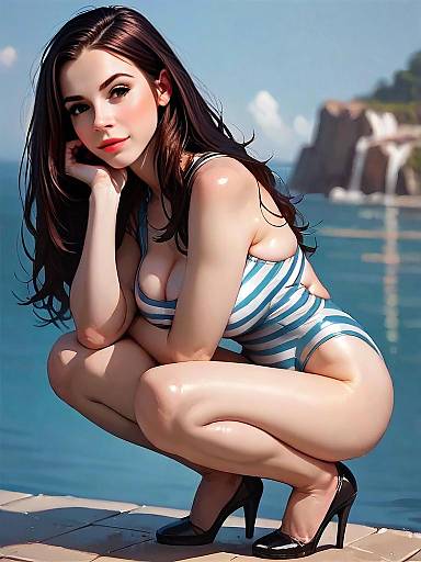 Woman in Striped Swimsuit and Heels by the Seaside