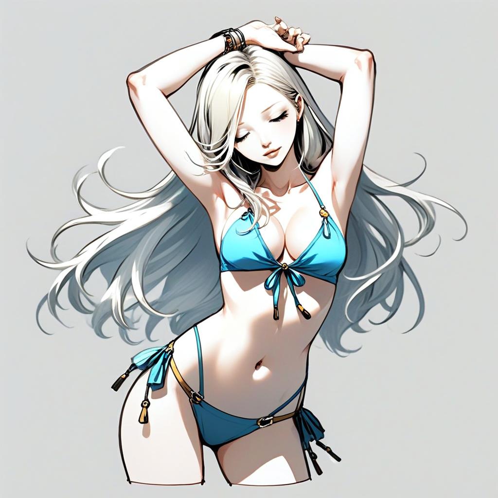 Elegant Woman in Blue Bikini with Silver Hair