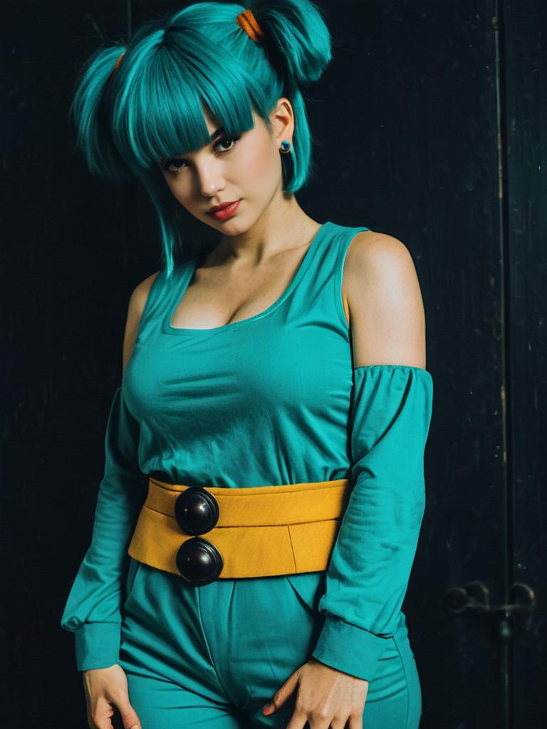 Realistic Bulma Cosplay Woman Wearing Turquoise Outfit and Wig