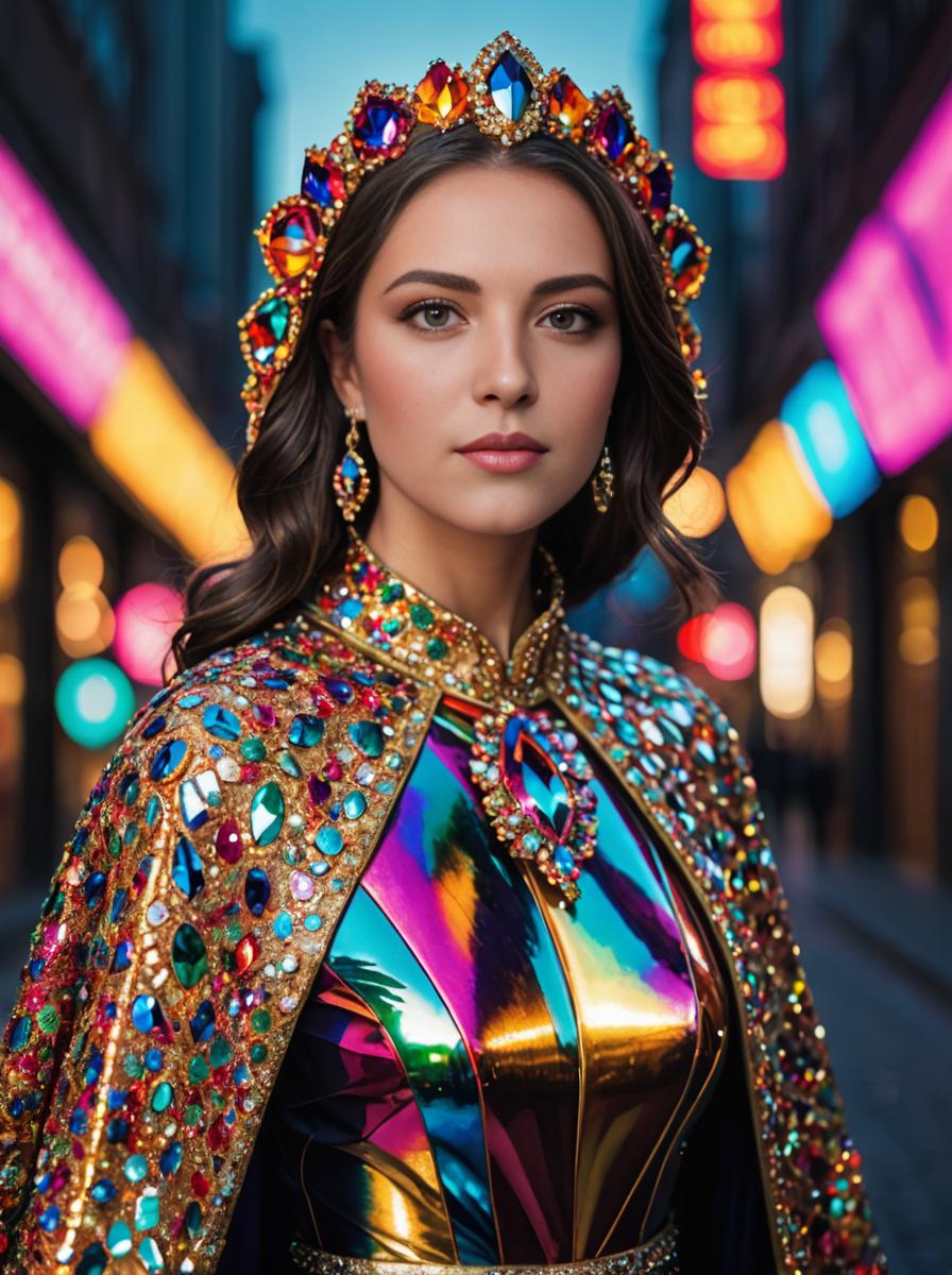 Woman in Jewel-Toned Gown Against City Lights