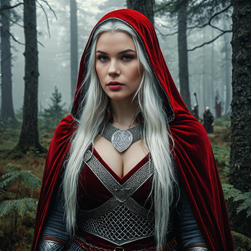 Medieval Fantasy Woman in Red Cloak and Armor in Misty Forest