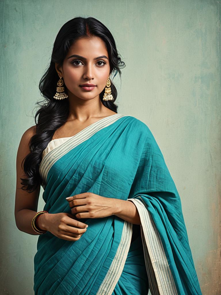 Woman in Malmal Cotton Saree Cultural Fashion Portrait Photorealistic