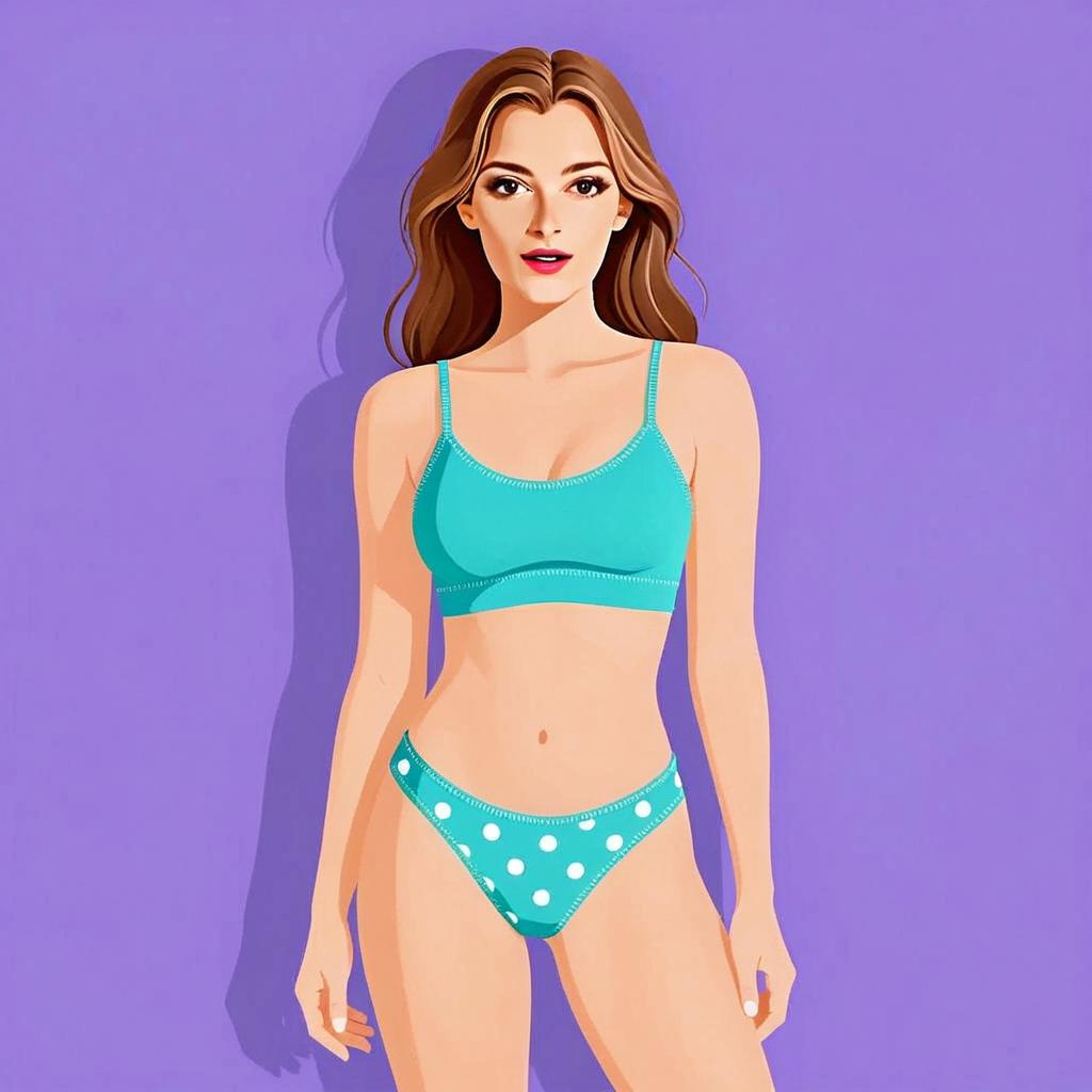 Woman with Pretty Face and Hair in Sporty Turquoise Cotton Bralette and Polka Dot Underwear