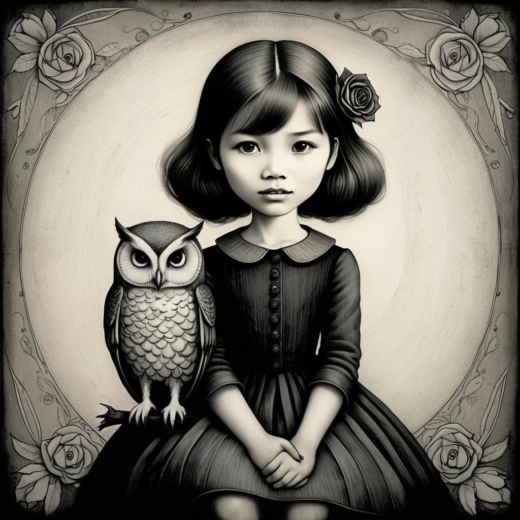 Vintage Style Illustration of Young Girl with Owl and Rose Frame