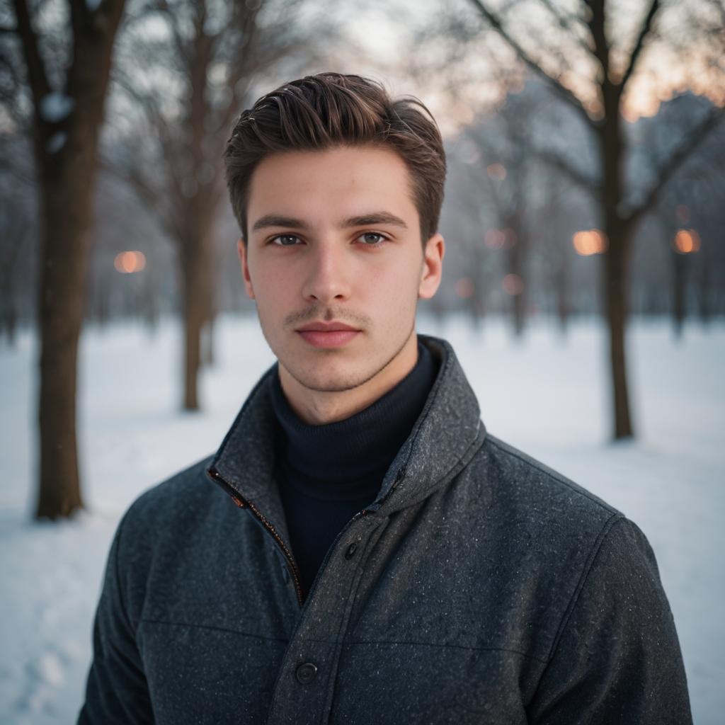 Handsome Young Man in Snowy Park at Sunset