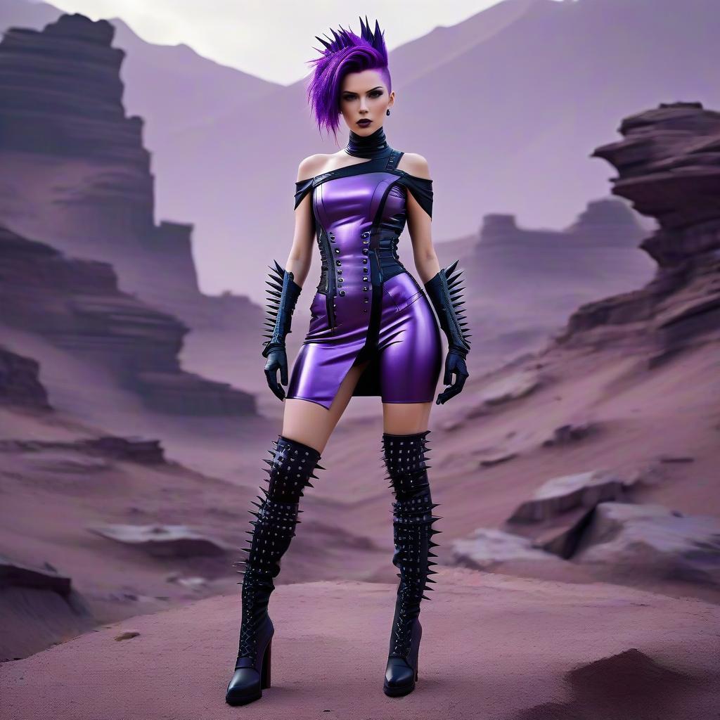 Futuristic Punk Woman in Purple Latex in Desert Landscape Futuristic Punk Woman in Purple Latex in Desert Landscape