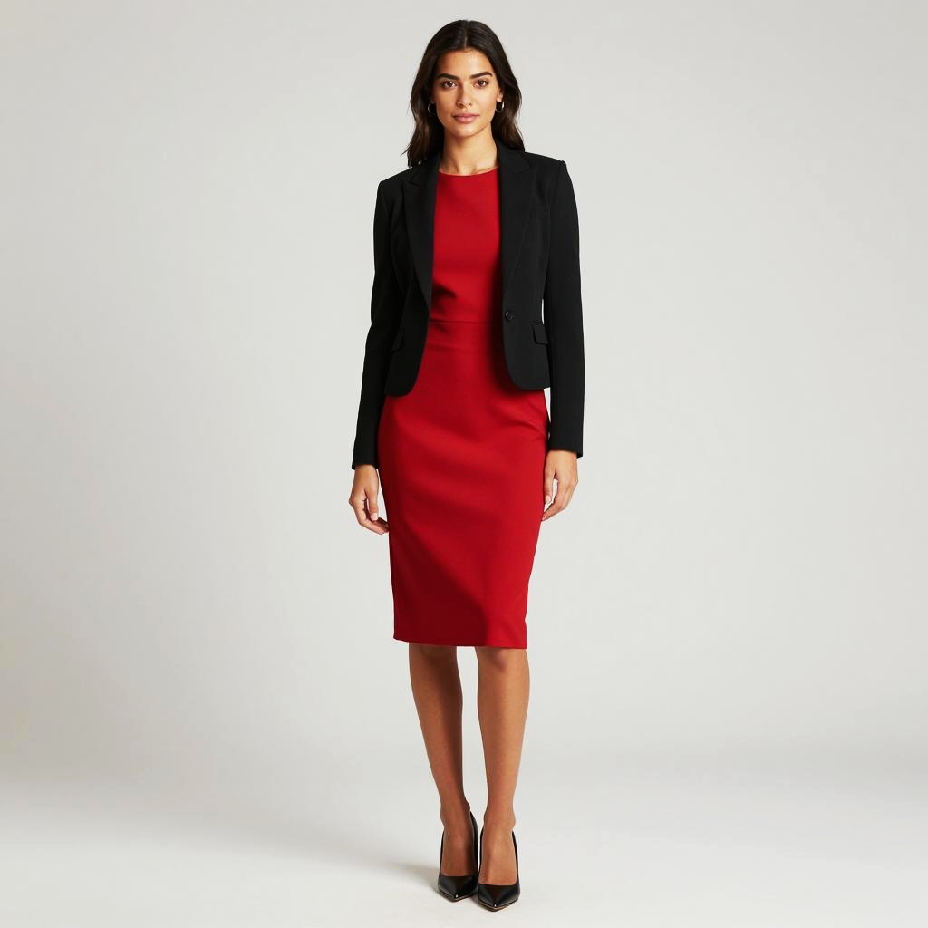 Elegant Woman in Red Dress and Black Blazer Business Outfit