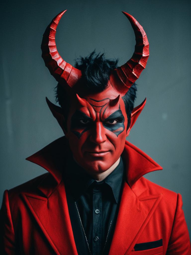 Man in Red Devil Costume with Makeup