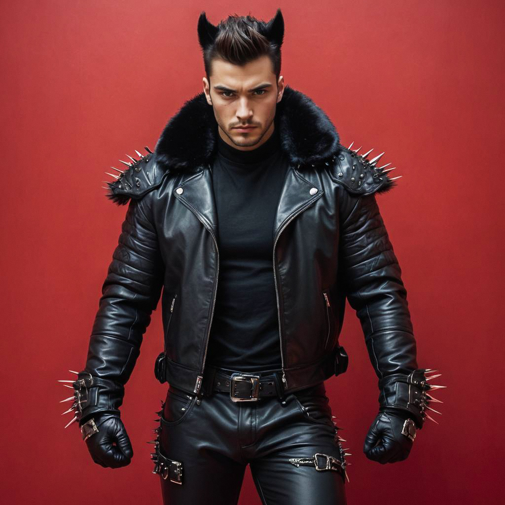 Man in Black Leather Outfit Against Red Background Man in Black Leather Outfit Against Red Background