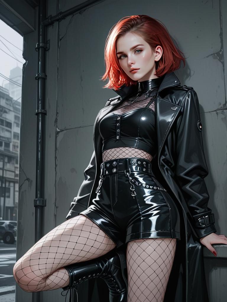 Edgy Woman in Black Fishnet Cropped Top and Vinyl Shorts Urban Fashion