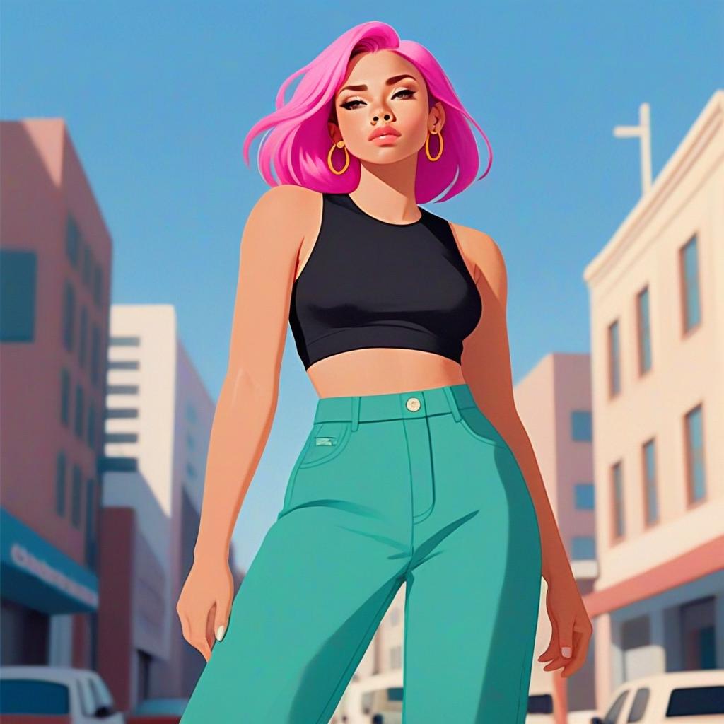 Stylish Young Woman with Pink Hair in Urban Street Digital Illustration