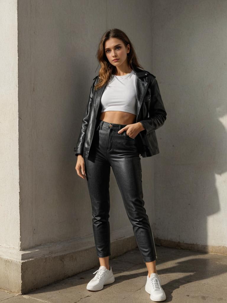 Confident Woman in Stylish Leather Jacket and Crop Top