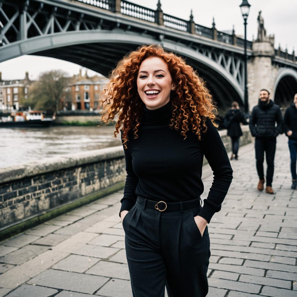 Smiling Woman with Curly Red Hair by Riverside Under Bridge