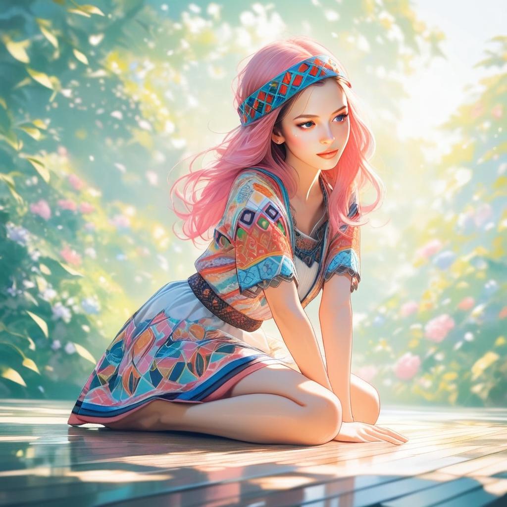 Young Woman with Pink Hair in a Flower Garden