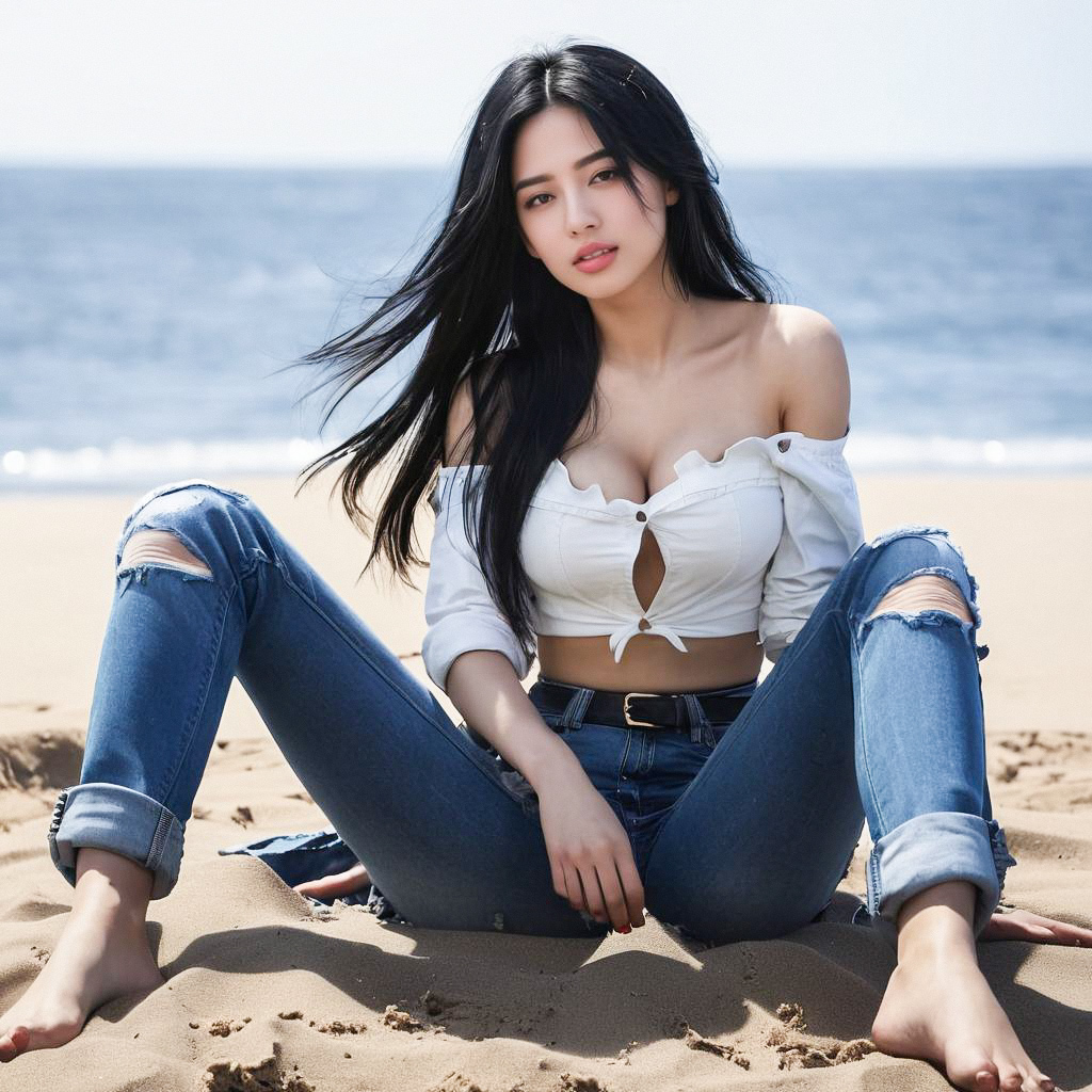 Young Woman on Beach in Casual Attire