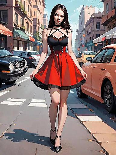 Stylish Woman in Black and Red Dress Walking on City Street Comic Style Artwork