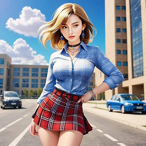 Young Woman in Blue Plaid Shirt and Red Plaid Skirt on City Street