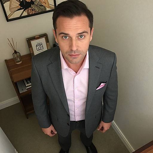 Man in Grey Suit with Pink Shirt Standing Indoors - Professional Portrait