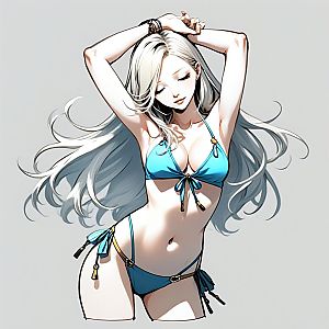 Elegant Woman in Blue Bikini with Silver Hair