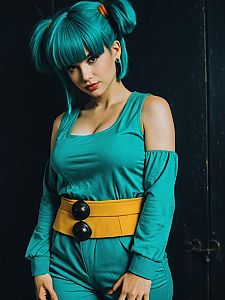 Realistic Bulma Cosplay Woman Wearing Turquoise Outfit and Wig