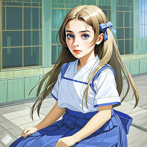 Anime Style Young Woman in Blue and White Japanese School Uniform
