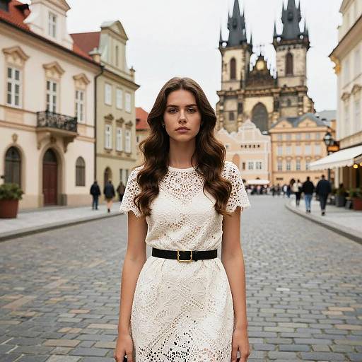 Young Woman in White Lace Dress on Historic European Cobblestone Street
