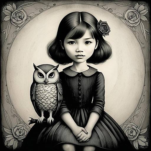Vintage Style Illustration of Young Girl with Owl and Rose Frame