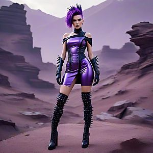 Futuristic Punk Woman in Purple Latex in Desert Landscape
