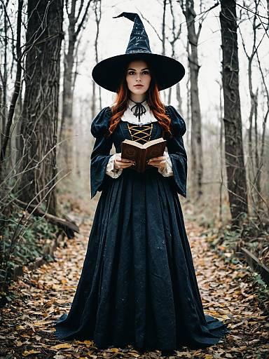 Woman in Elizabethan Witch Costume Full Body Cosplay with Spellbook in Forest